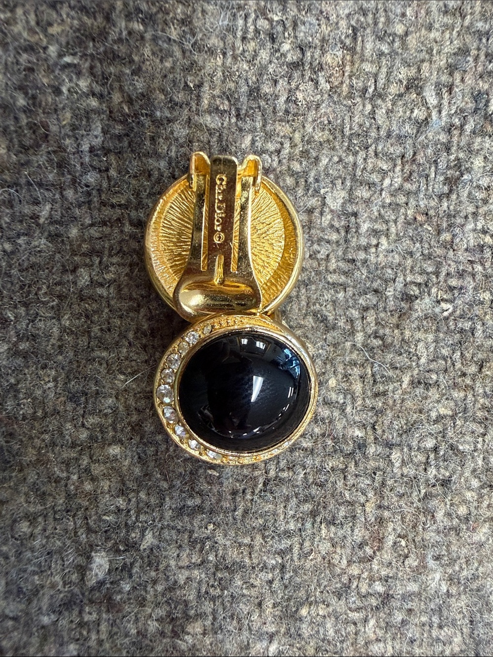 Vintage Christian Dior Black Cabochon Clip-On Earring with Crystal Halo